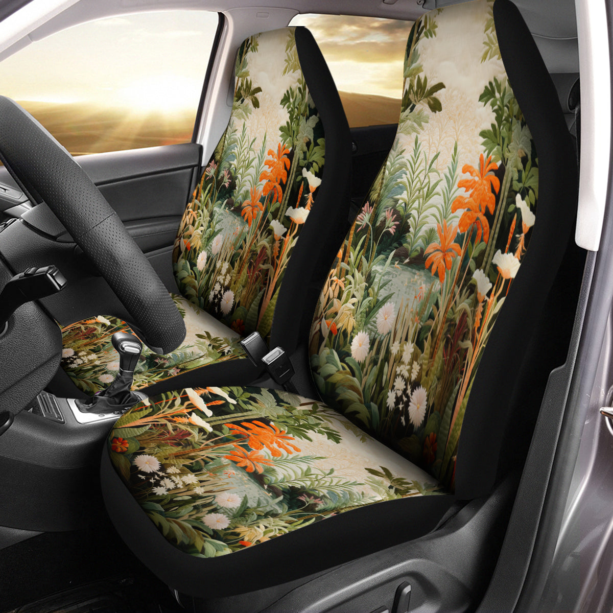 Moody Botanical Art Set Of Two Front Car Seat Covers, Seat Covers For Women, Flower Seat Cover Vehicle, Car Seat Protector, Car Decor Gift, Natural 03