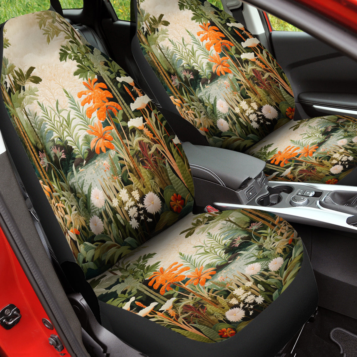 Moody Botanical Art Set Of Two Front Car Seat Covers, Seat Covers For Women, Flower Seat Cover Vehicle, Car Seat Protector, Car Decor Gift, Natural 03