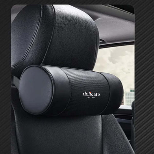 Premium Genuine Leather Car Seat Headrest Pillows: Cylindrical Black Neck Support Covers with Memory Foam Head Bone Protectors for Auto Safety - Delicate Leather