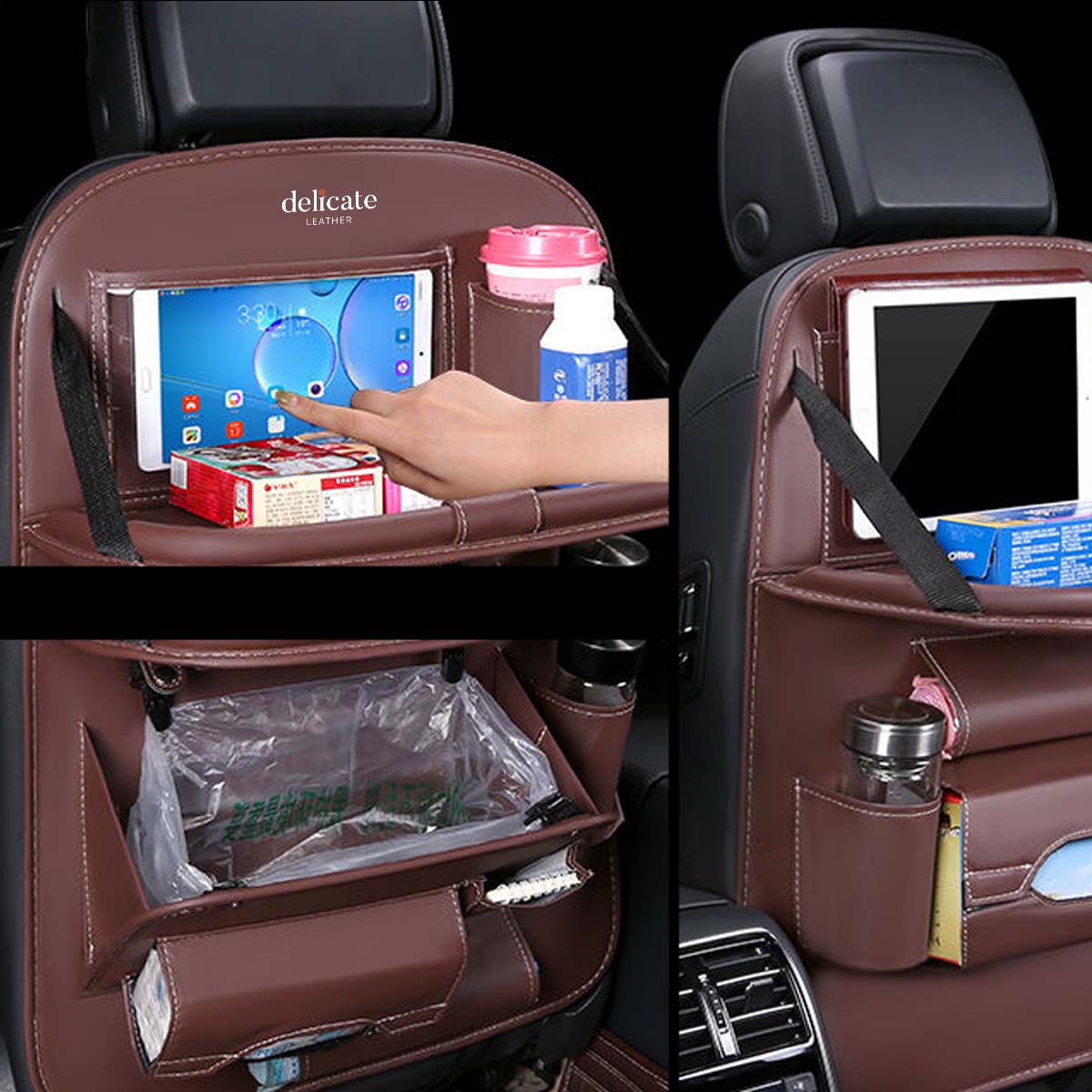 Backseat Organizer With Tablet Holder PU Leather, Custom Fit For Your Cars, Backseat Car Organizer, Car Seat Back Protectors Kick With Foldable Table Tray Car Seat Organizer, Car Accessories WQ15987