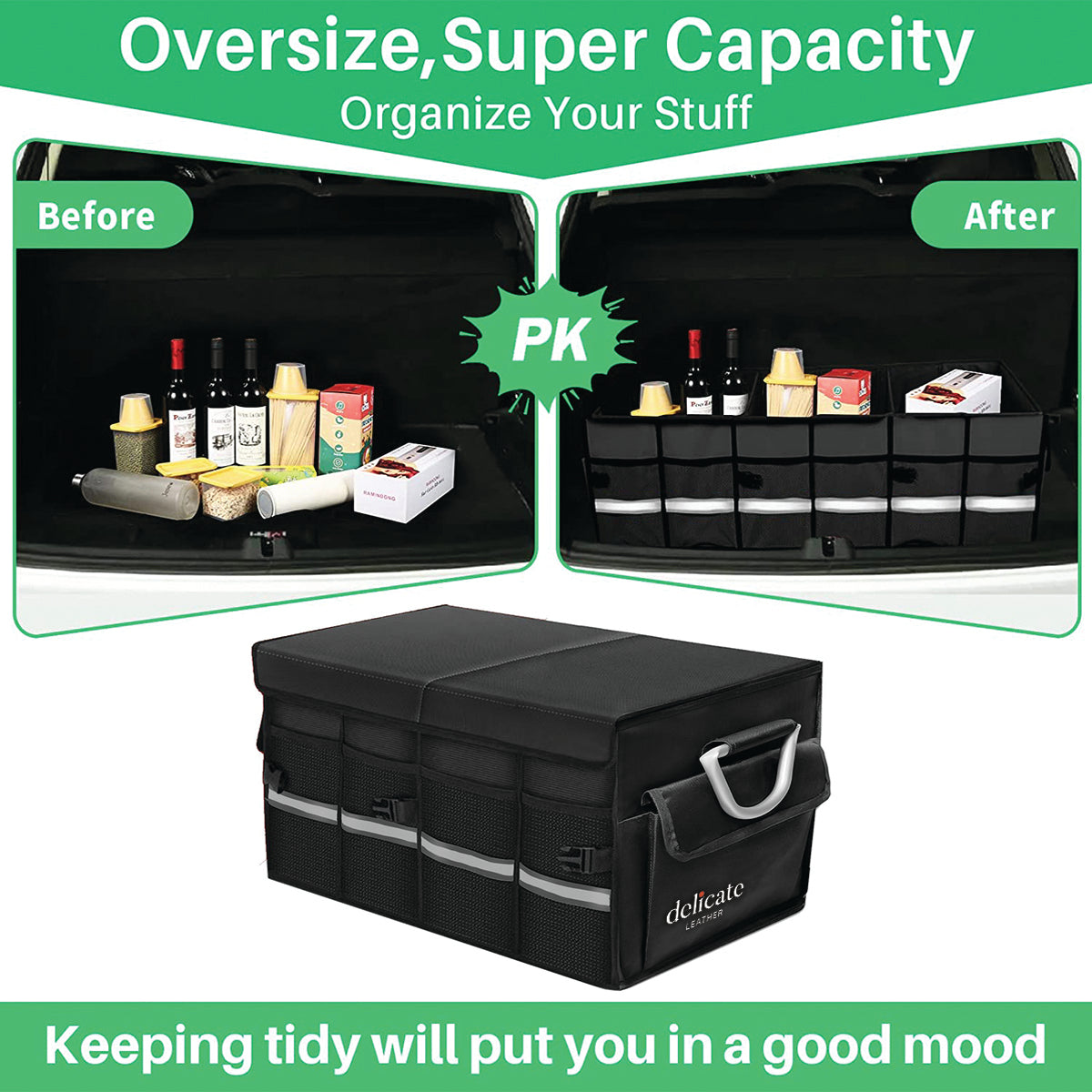 Big Trunk Organizer, Cargo Organizer SUV Trunk Storage Waterproof Collapsible Durable Multi Compartments KX12994 - Delicate Leather