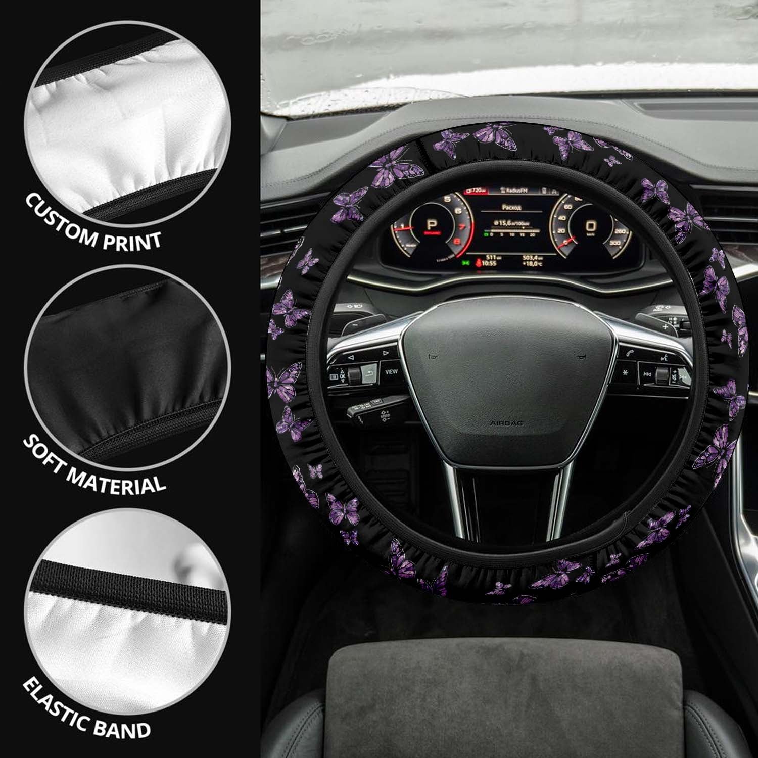 Faux Embroidery Car Steering Wheel Cover Update Version, Universal Fit Embroidered Purple Butterfly,Camo Camouflage Custom-Fit for Car, Premium Leather Car Steering Wheel Cover , Car Accessories, Butterfly 01