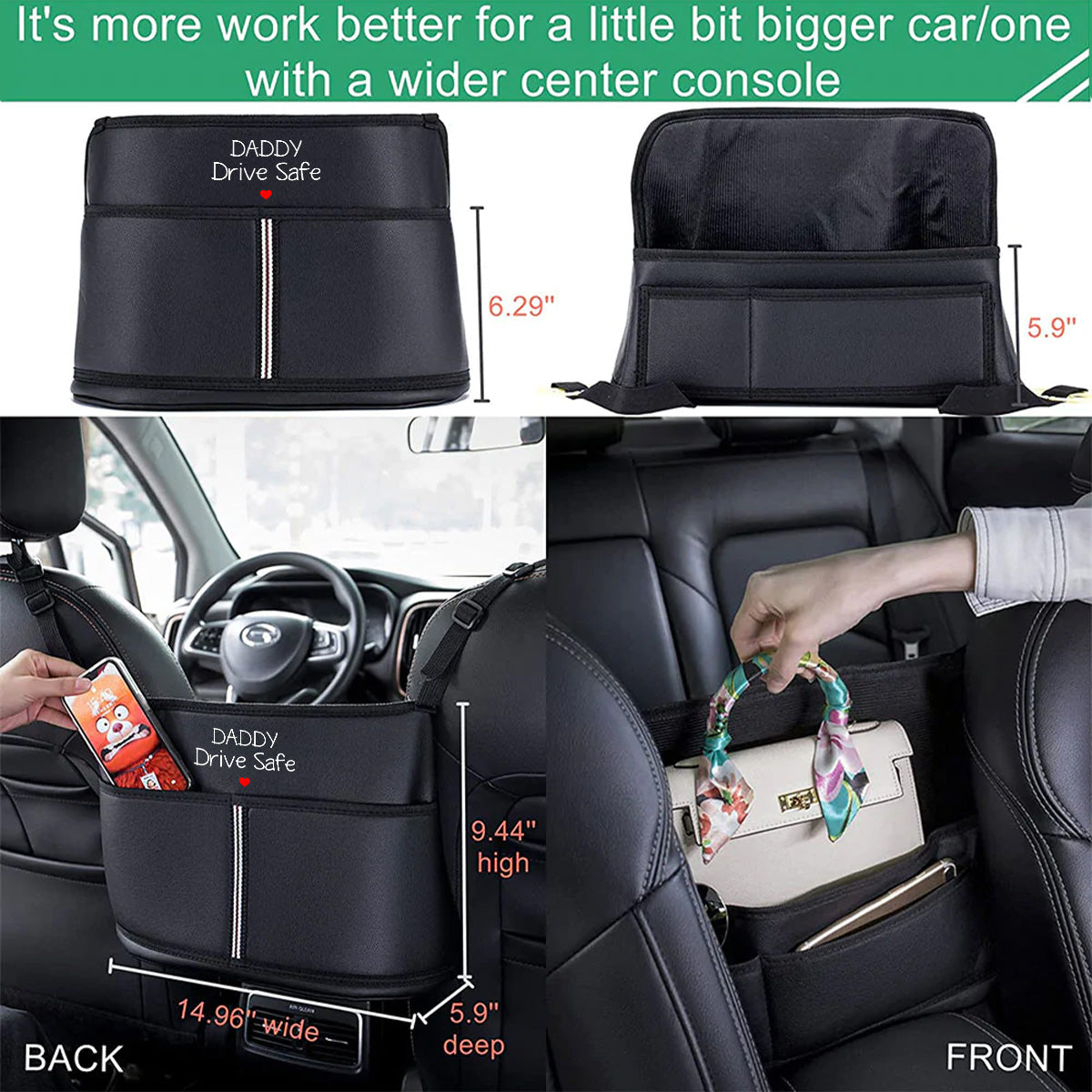 Daddy Drive Safe Car Purse Holder for Car Handbag Holder Between Seats Premium PU Leather, Custom Fit For Your Cars, Auto Driver Or Passenger Accessories Organizer, Hanging Car Purse Storage Pocket Back, Gift for Daddy 19