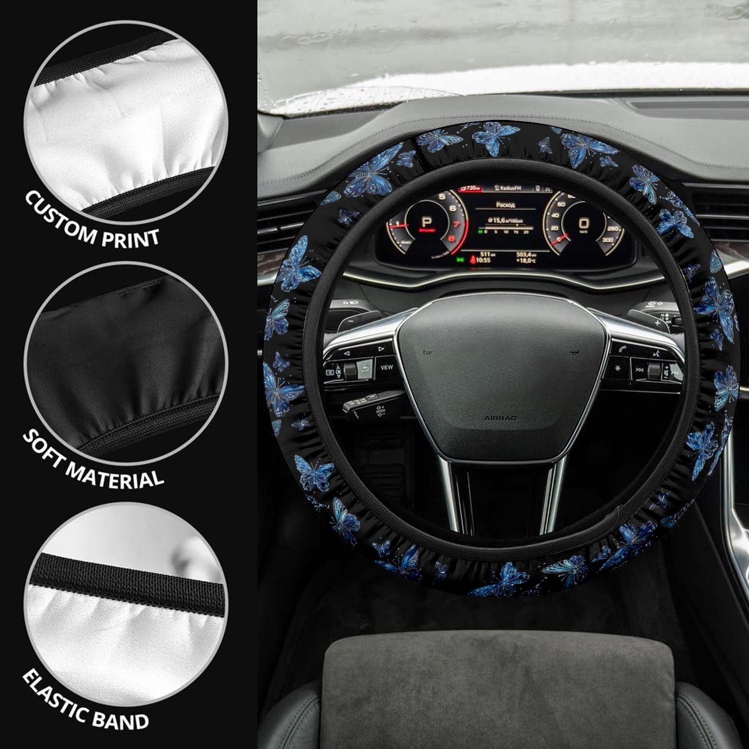 Faux Embroidery Car Steering Wheel Cover Update Version, Universal Fit Embroidered Blue Butterfly, Premium Leather Car Steering Wheel Cover , Car Accessories, Butterfly 04