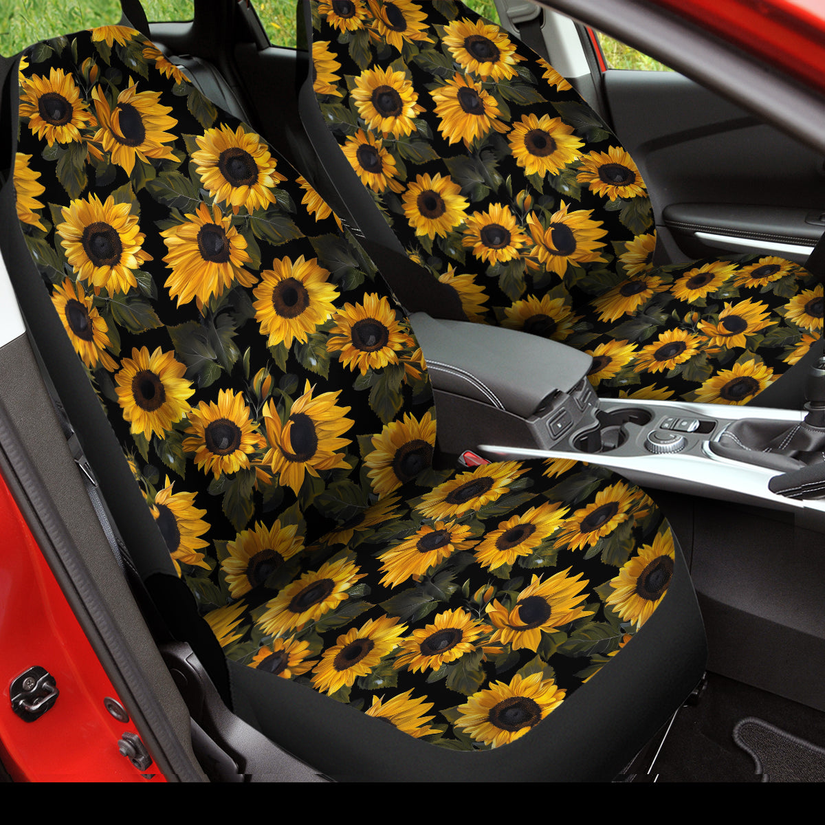 Sunflower Car Seat Cover for Women Men, Auto Seat Cover 2 Piece Stretchy Breathable Bucket Vehicles Seat Cover for Cars Front Seats for SUV Cars, Yellow and Brown, Sunflower