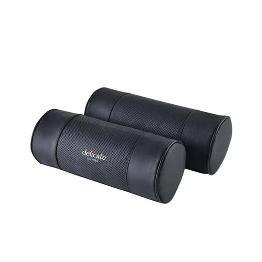 Premium Genuine Leather Car Seat Headrest Pillows: Cylindrical Black Neck Support Covers with Memory Foam Head Bone Protectors for Auto Safety - Delicate Leather