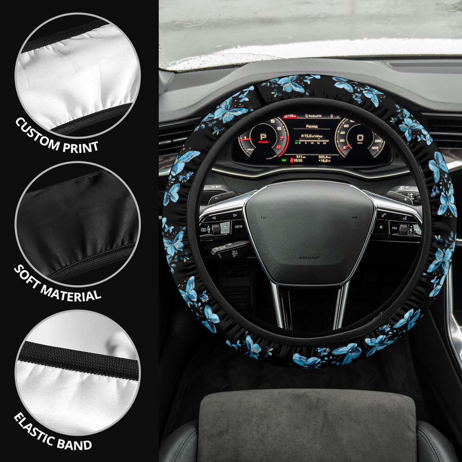 Faux Embroidery Car Steering Wheel Cover Update Version, Universal Fit Embroidered Blue Butterfly, Premium Leather Car Steering Wheel Cover , Car Accessories, Butterfly 02