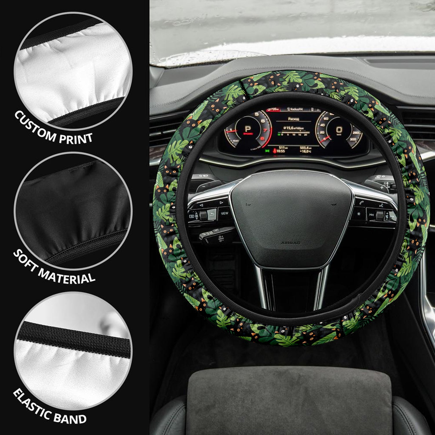 Happy Halloween Car Steering Wheel Cover Update Version, Cat Custom-Fit for Car, Premium Leather Car Steering Wheel Cover , Car Accessories, Halloween 06