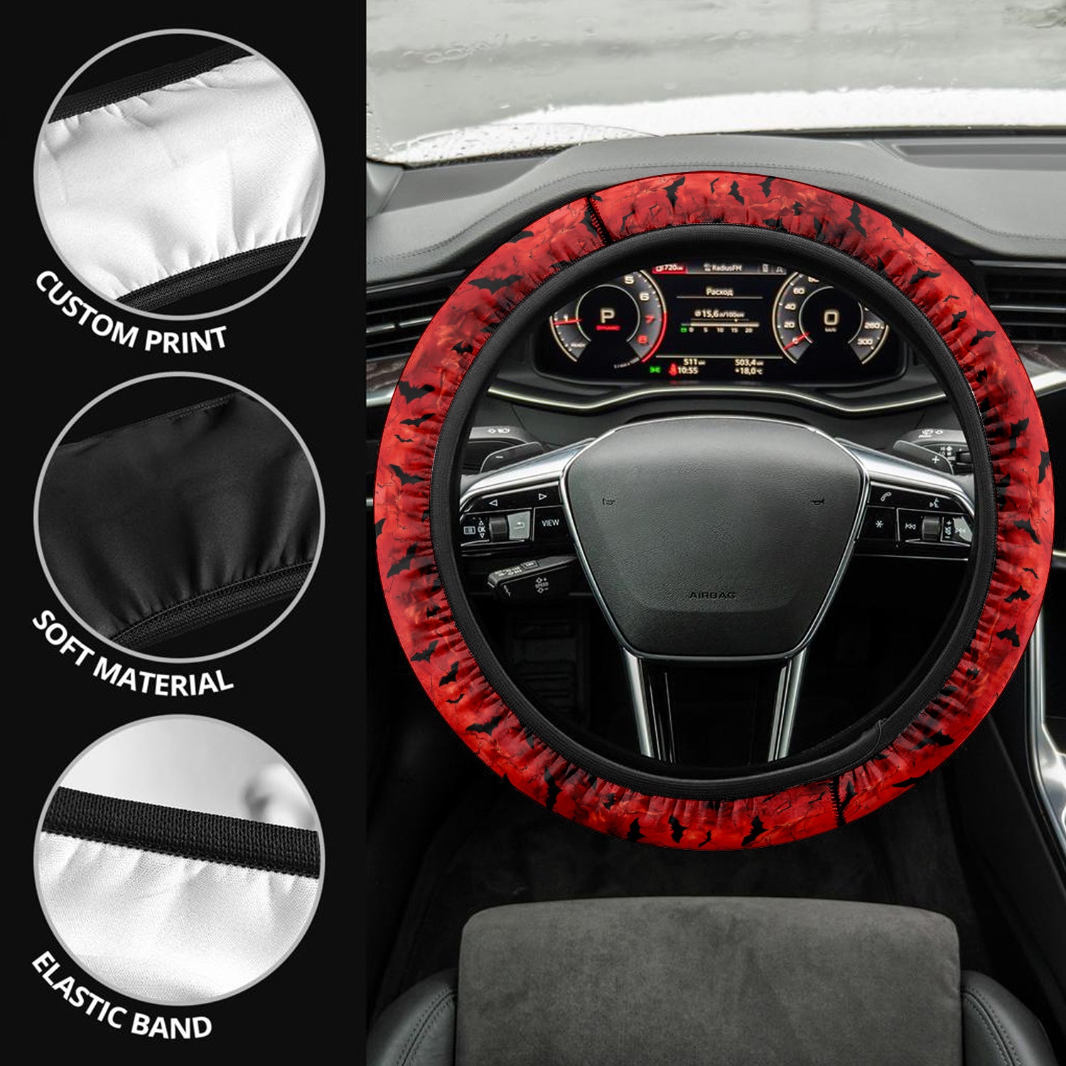 Happy Halloween Car Steering Wheel Cover Update Version, Bats Swarm Custom-Fit for Car, Premium Leather Car Steering Wheel Cover , Car Accessories, Halloween 02