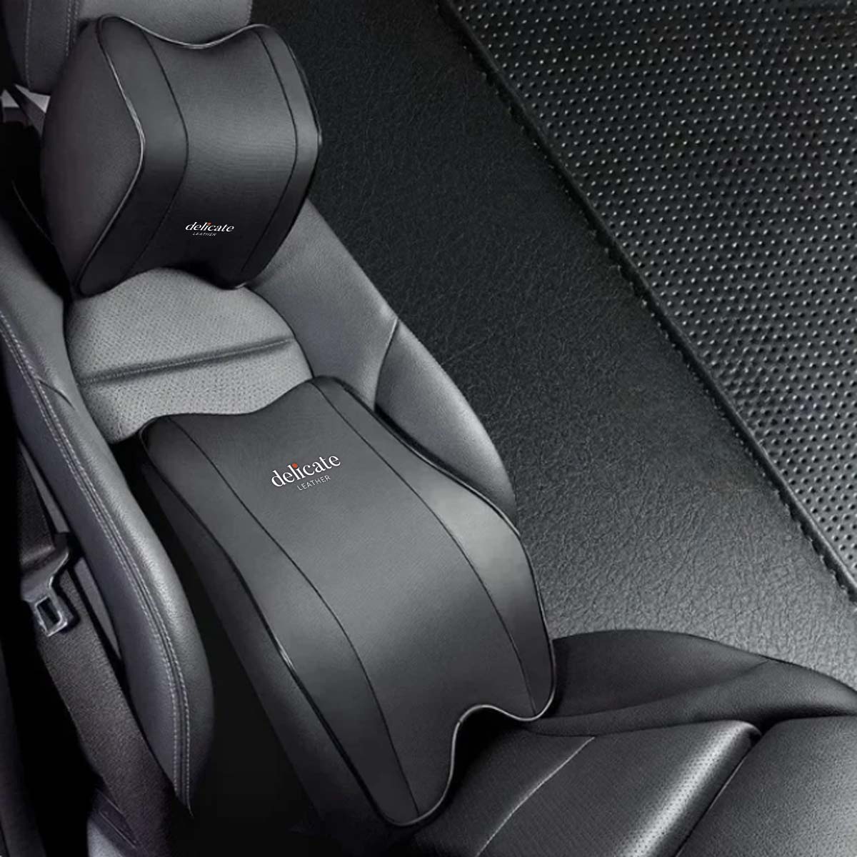 Delicate Leather 2/1PCS Car Headrest Neck Support Pillow with Breathable Memory Foam Rebound Guard and Universal Car Lumbar Pillow