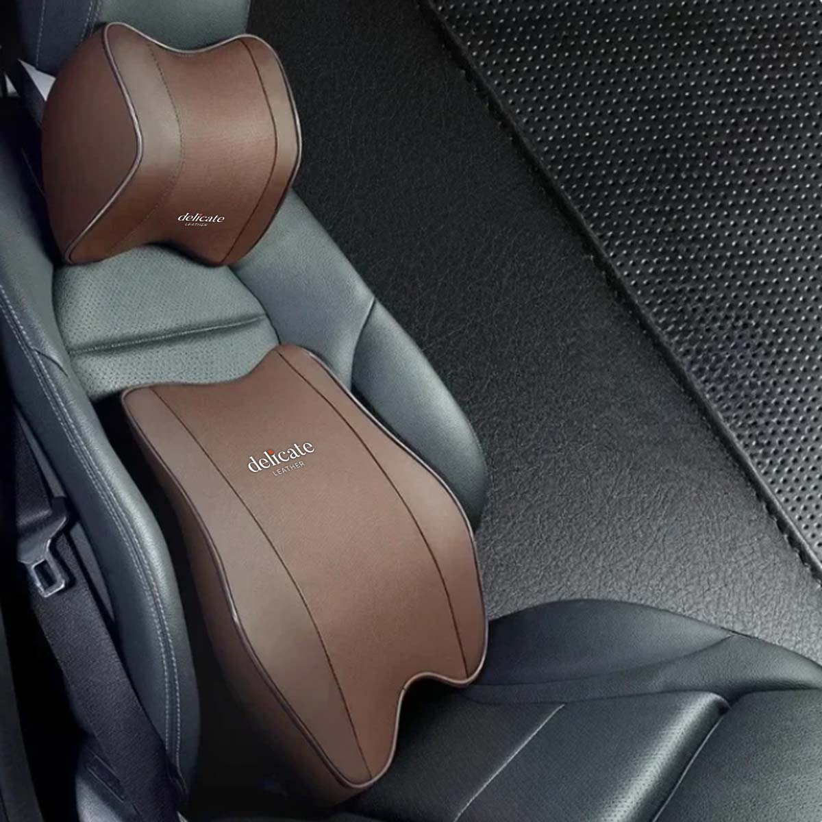 Delicate Leather 2/1PCS Car Headrest Neck Support Pillow with Breathable Memory Foam Rebound Guard and Universal Car Lumbar Pillow