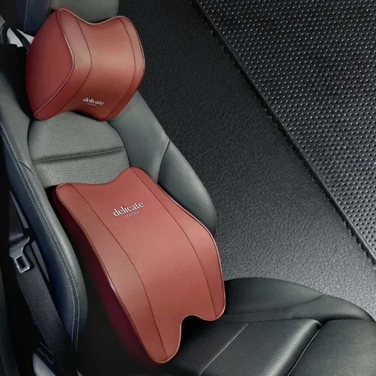 2/1PCS Car Headrest Neck Support Pillow with Breathable Memory Foam Rebound Guard and Universal Car Lumbar Pillow - Delicate Leather