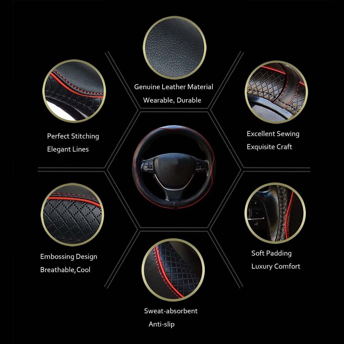 Car Steering Wheel Cover, Custom For Your Cars, Anti-Slip, Safety, Soft, Breathable, Heavy Duty, Thick, Full Surround, Sports Style, Car Accessories FJ18990