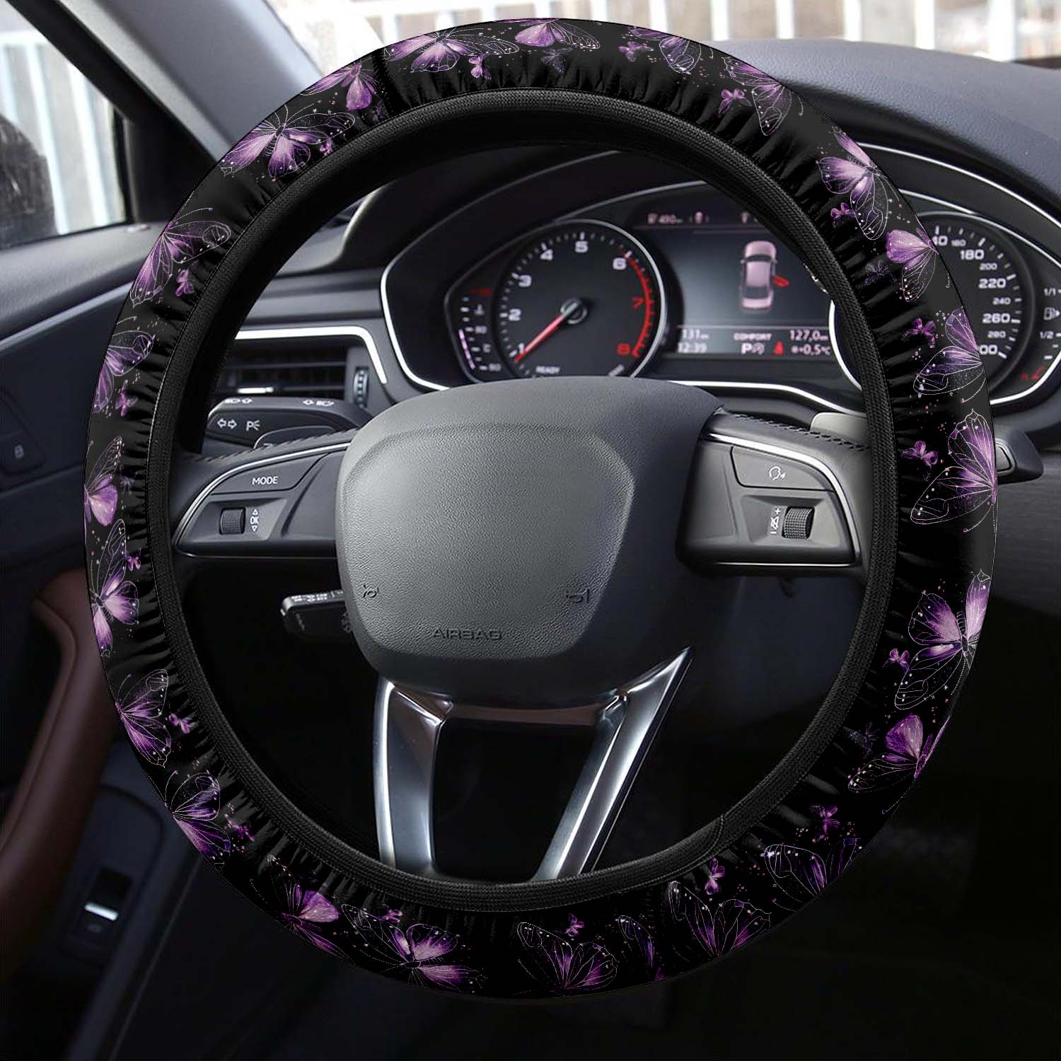 Faux Embroidery Car Steering Wheel Cover Update Version, Universal Fit Embroidered Purple Butterfly, Premium Leather Car Steering Wheel Cover , Car Accessories, Butterfly 05