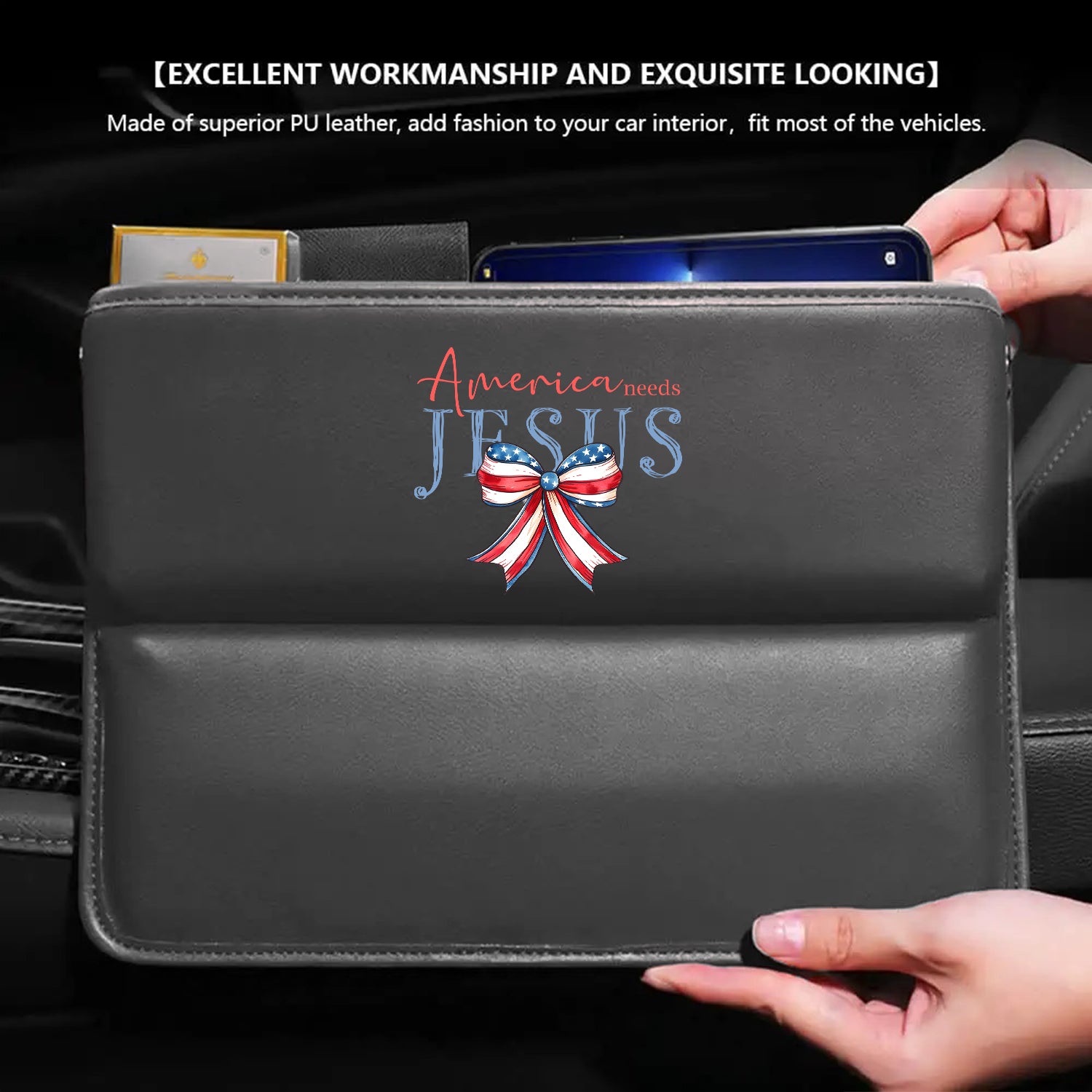 America Needs Jesus Car Seat Gap Filler Organizer, Custom For All Cars, Multifunctional Pu Leather Console Side Pocket Organizer For Cellphones, Cards, Wallets, Keys, Retro 4th of July 04