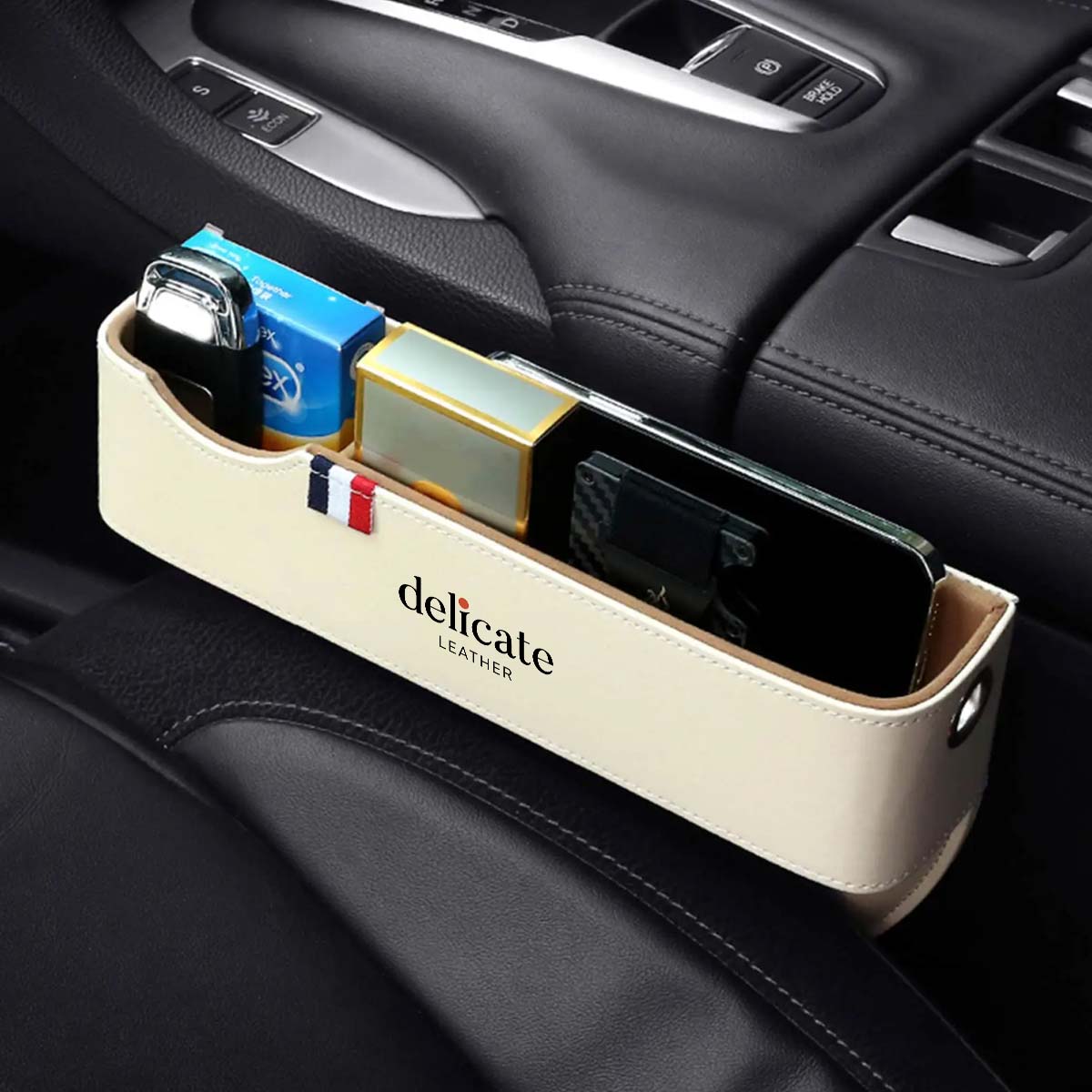 Car Seat Gap Filler Organizer, Custom Fit For Your Cars, Multifunctional PU Leather Console Side Pocket Organizer for Cellphones, Cards, Wallets, Keys - Delicate Leather