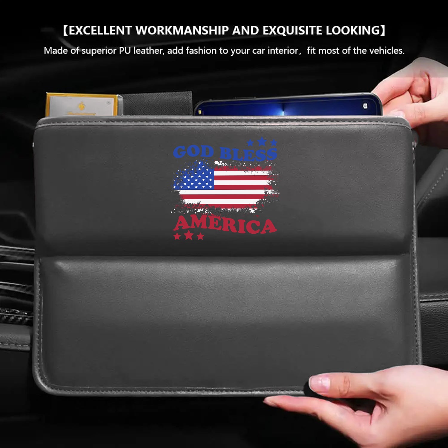 God Bless America Car Seat Gap Filler Organizer, Custom-Fit For Car, Multifunctional PU Leather Console Side Pocket Organizer for Cellphones, Cards, Wallets, Keys, 4th of July 09