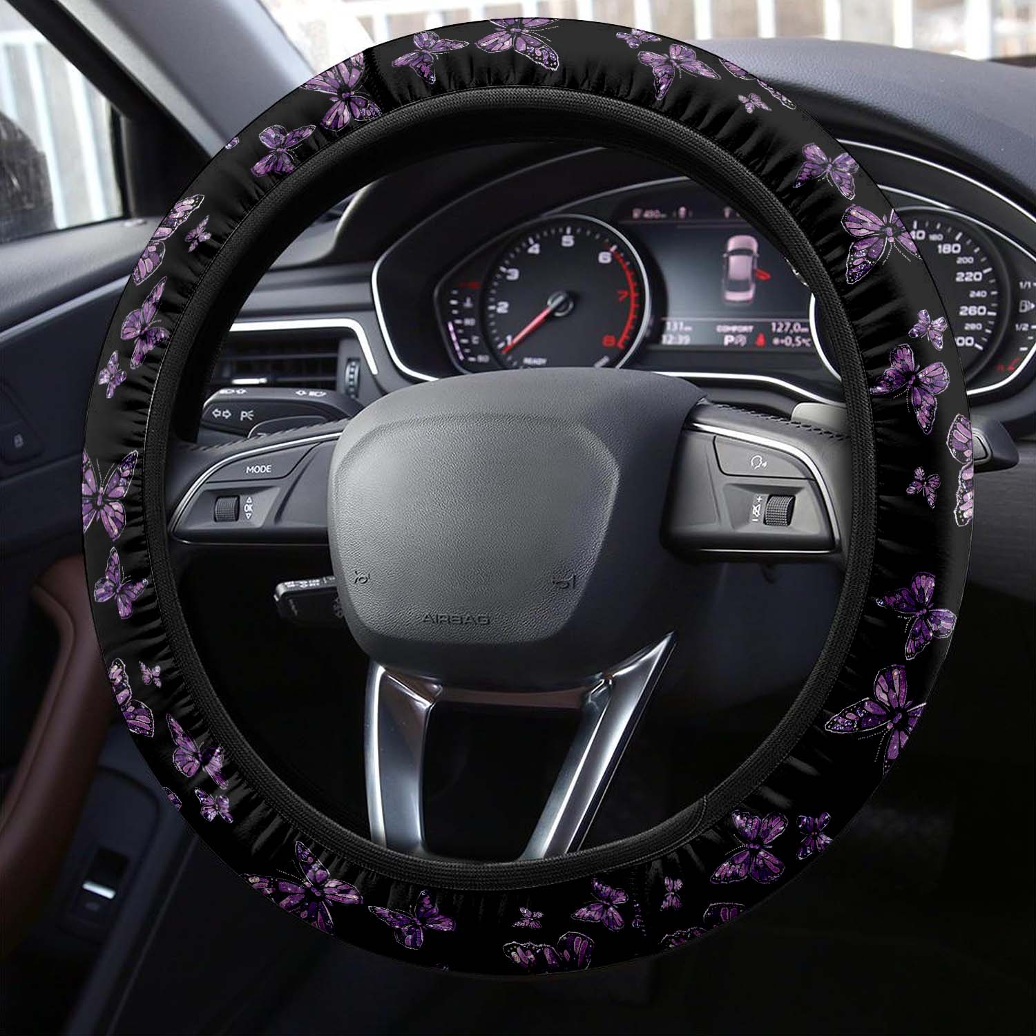 Faux Embroidery Car Steering Wheel Cover Update Version, Universal Fit Embroidered Purple Butterfly,Camo Camouflage Custom-Fit for Car, Premium Leather Car Steering Wheel Cover , Car Accessories, Butterfly 01