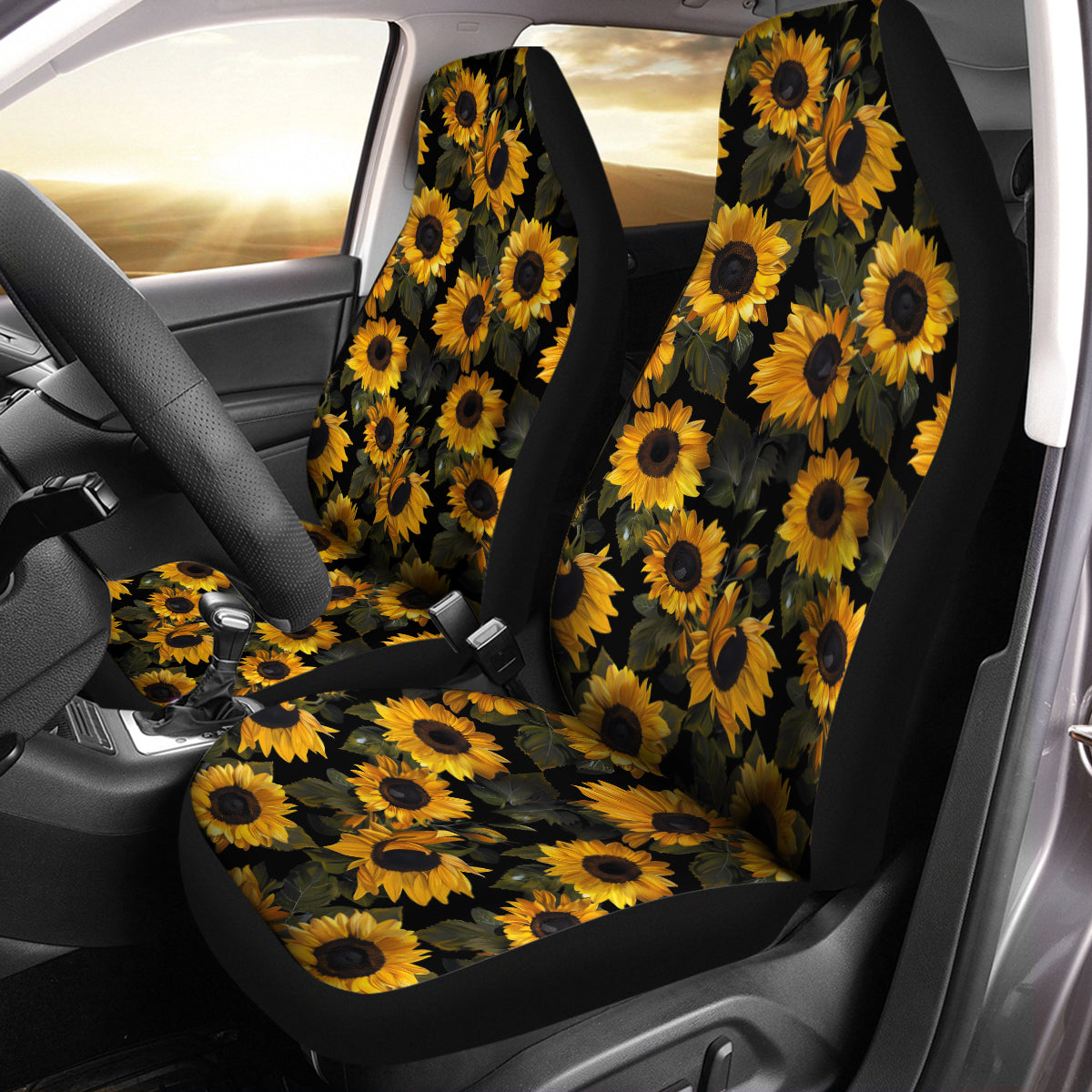 Sunflower Car Seat Cover for Women Men, Auto Seat Cover 2 Piece Stretchy Breathable Bucket Vehicles Seat Cover for Cars Front Seats for SUV Cars, Yellow and Brown, Sunflower