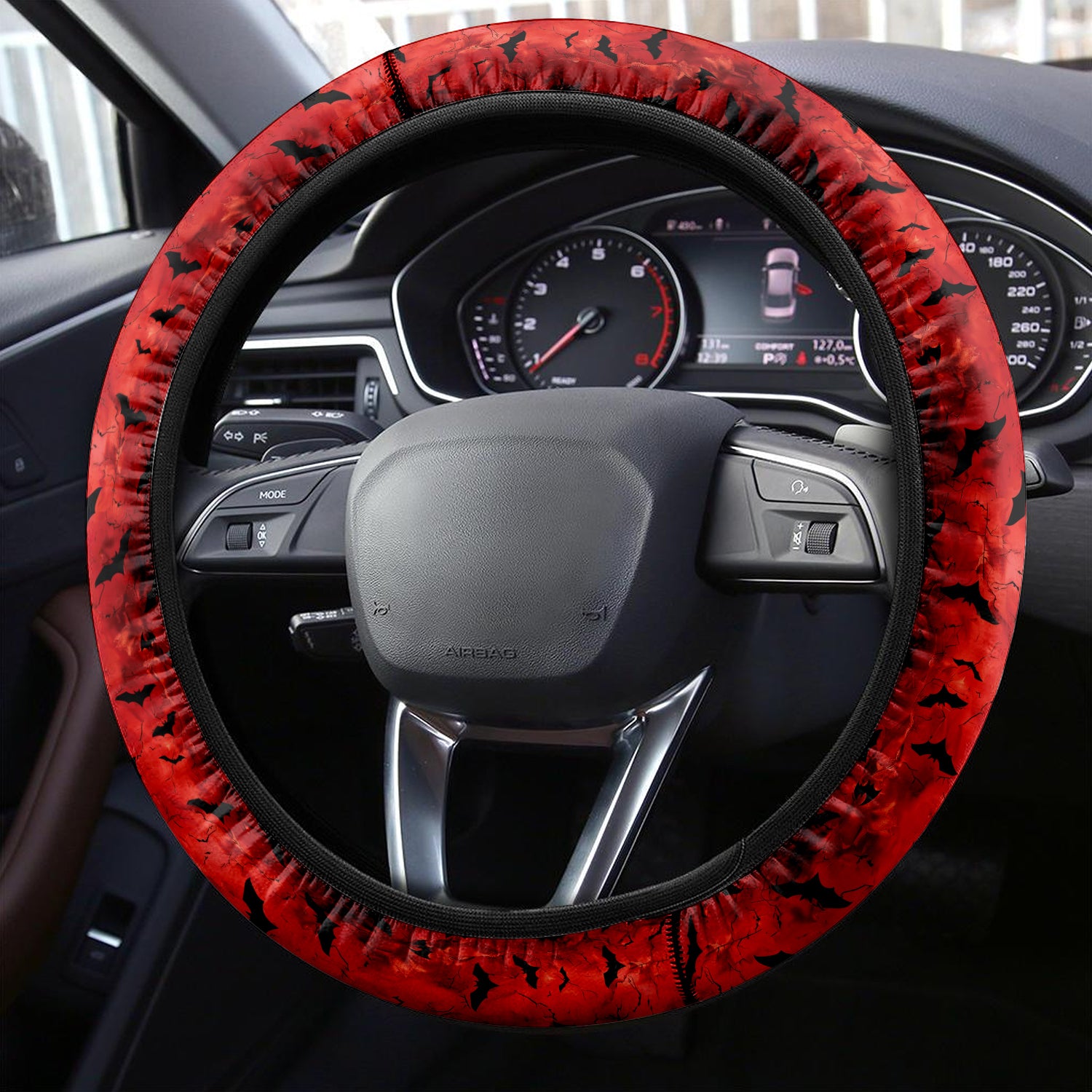 Happy Halloween Car Steering Wheel Cover Update Version, Bats Swarm Custom-Fit for Car, Premium Leather Car Steering Wheel Cover , Car Accessories, Halloween 02