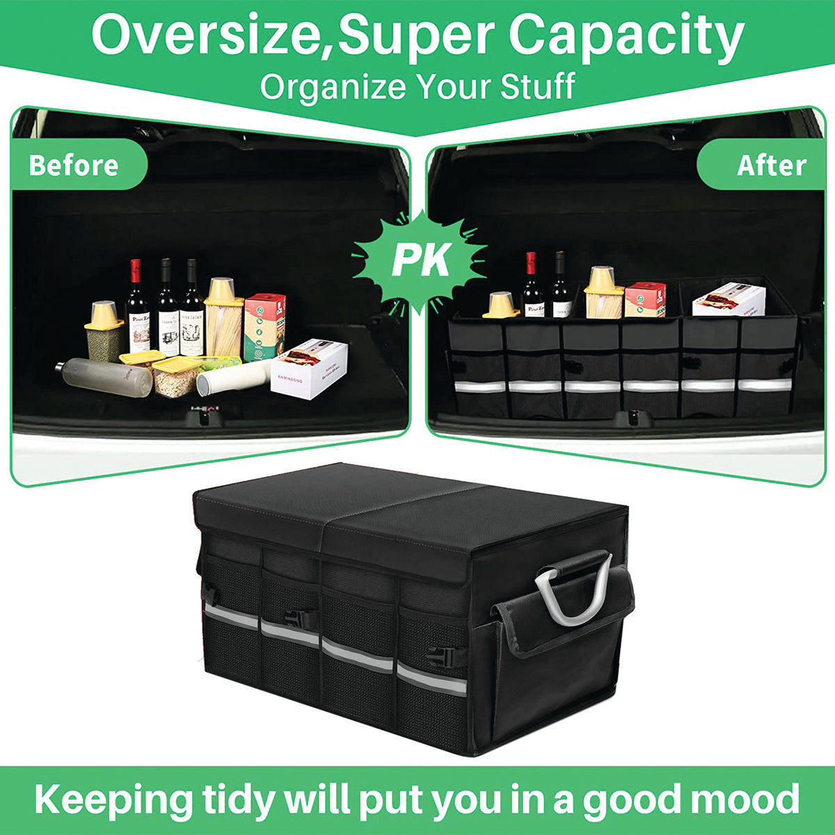 Big Trunk Organizer, Custom-Fit For Car, Cargo Organizer SUV Trunk Storage Waterproof Collapsible Durable Multi Compartments DLRL253