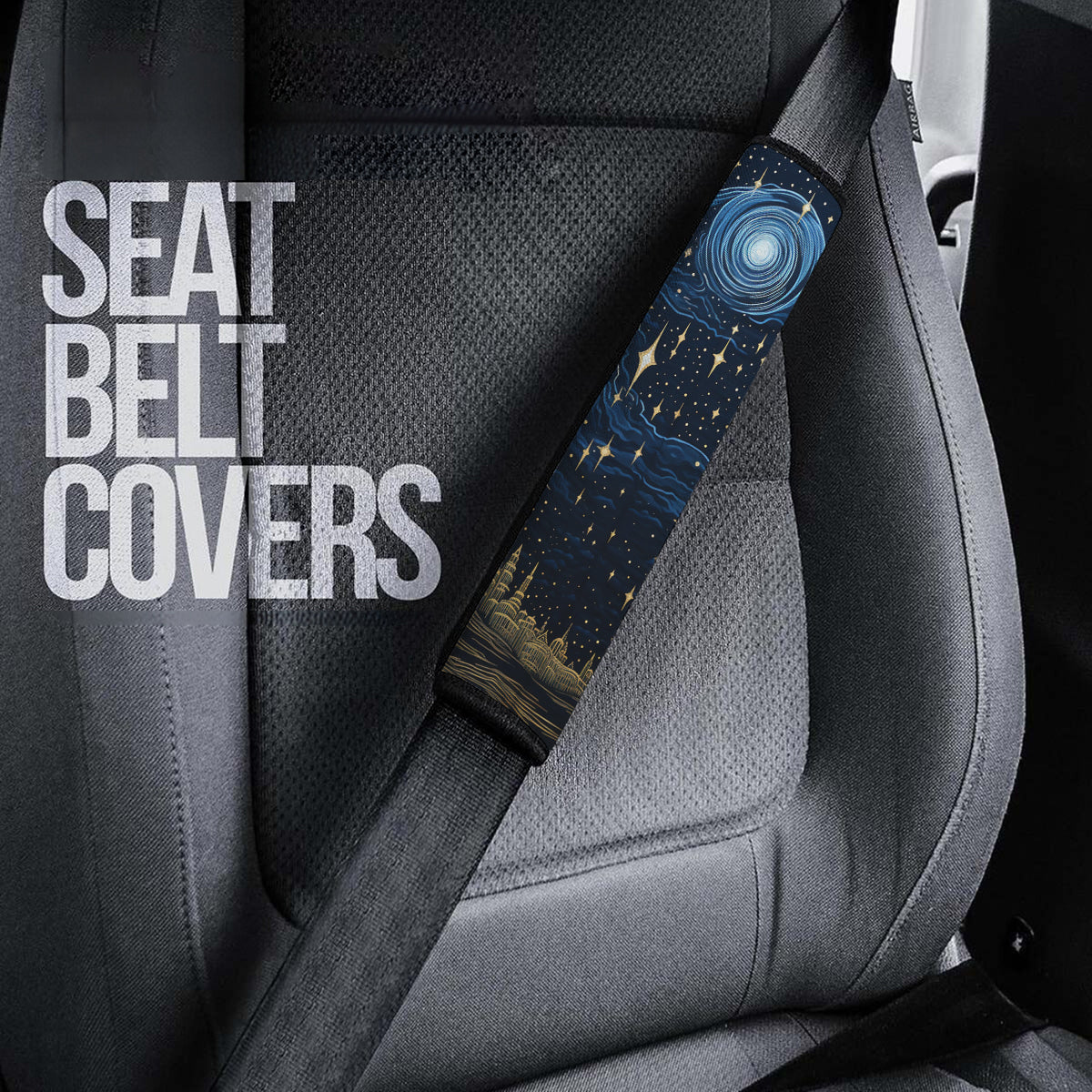 Starry Night Galaxy Seat Belt Covers (2PCS) , Microfiber Leather Seat Belt Shoulder Pads for More Comfortable Driving, Moon And Stars 03