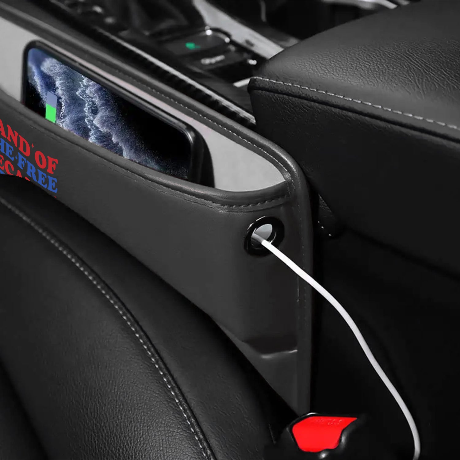 Land Of The Free, Because Of Brave Car Seat Gap Filler Organizer, Custom For All Cars, Multifunctional Pu Leather Console Side Pocket Organizer For Cellphones, Cards, Wallets, Keys, Retro 4th of July 02