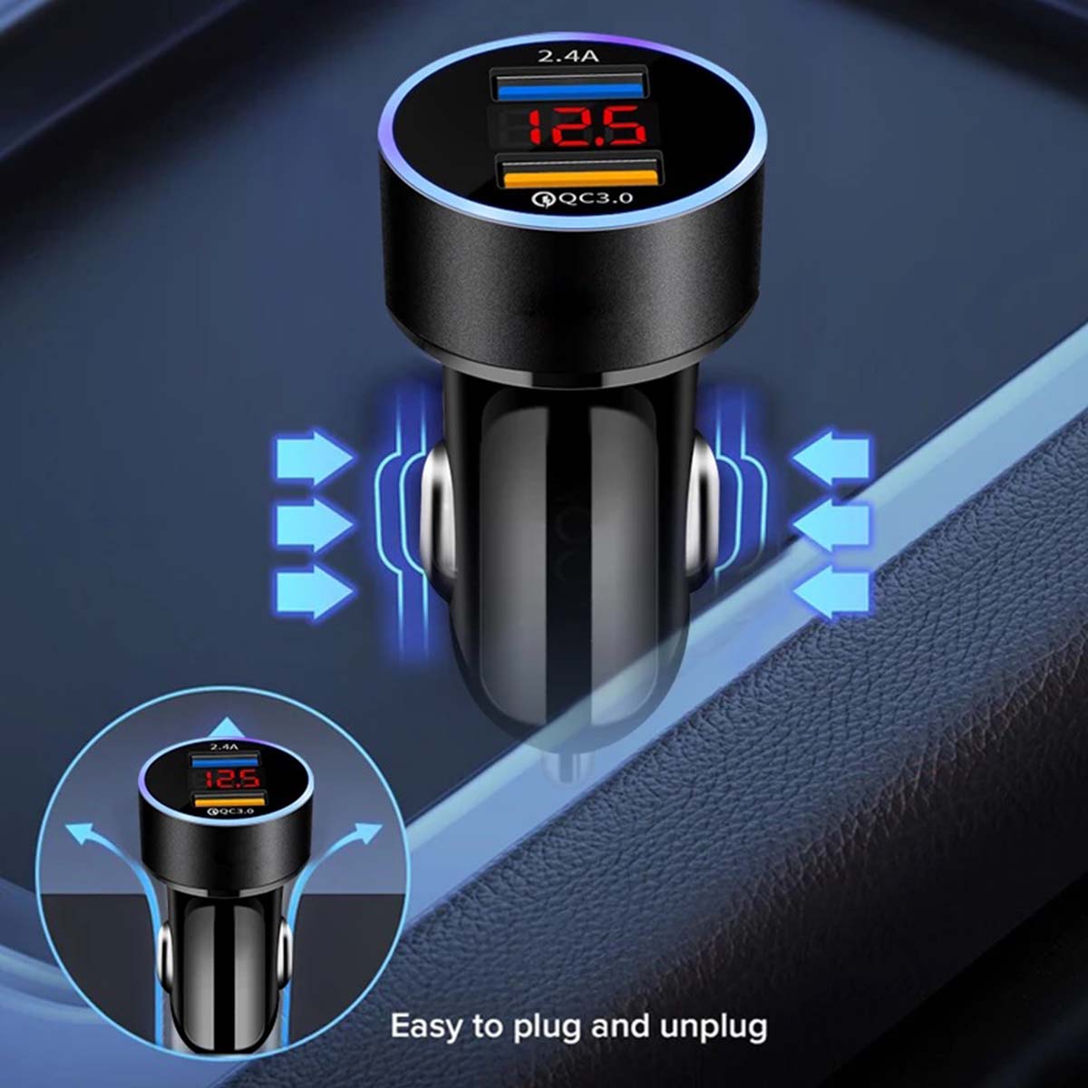 USB Charger Adapter, Custom fit for car, Dual QC3.0 Ports Car Charger, All Metal Quick Charge with LED Voltage Display, Cigarette Lighter Car Adapter, Compatible with Phone, Tablet & More