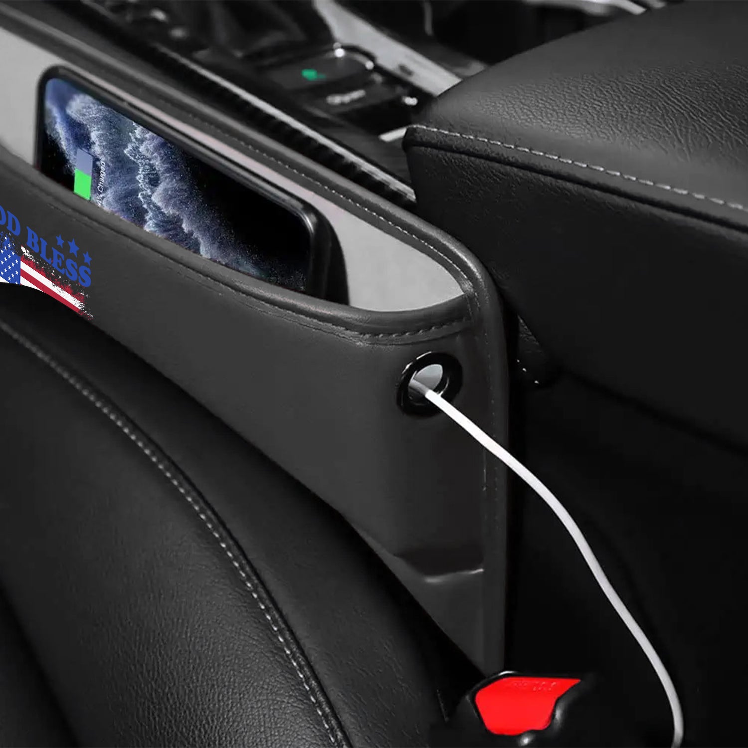 God Bless America Car Seat Gap Filler Organizer, Custom-Fit For Car, Multifunctional PU Leather Console Side Pocket Organizer for Cellphones, Cards, Wallets, Keys, 4th of July 09