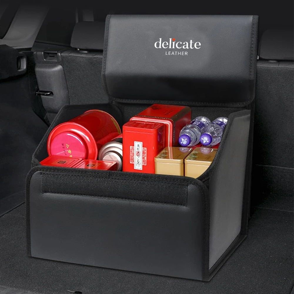 Delicate Leather Foldable Trunk Storage Luggage Organizer Box, Custom For Cars, Portable Car Storage Box Bin SUV Van Cargo Carrier Caddy for Shopping, Camping Picnic, Home Garage, Car Accessories CH12996 - Delicate Leather