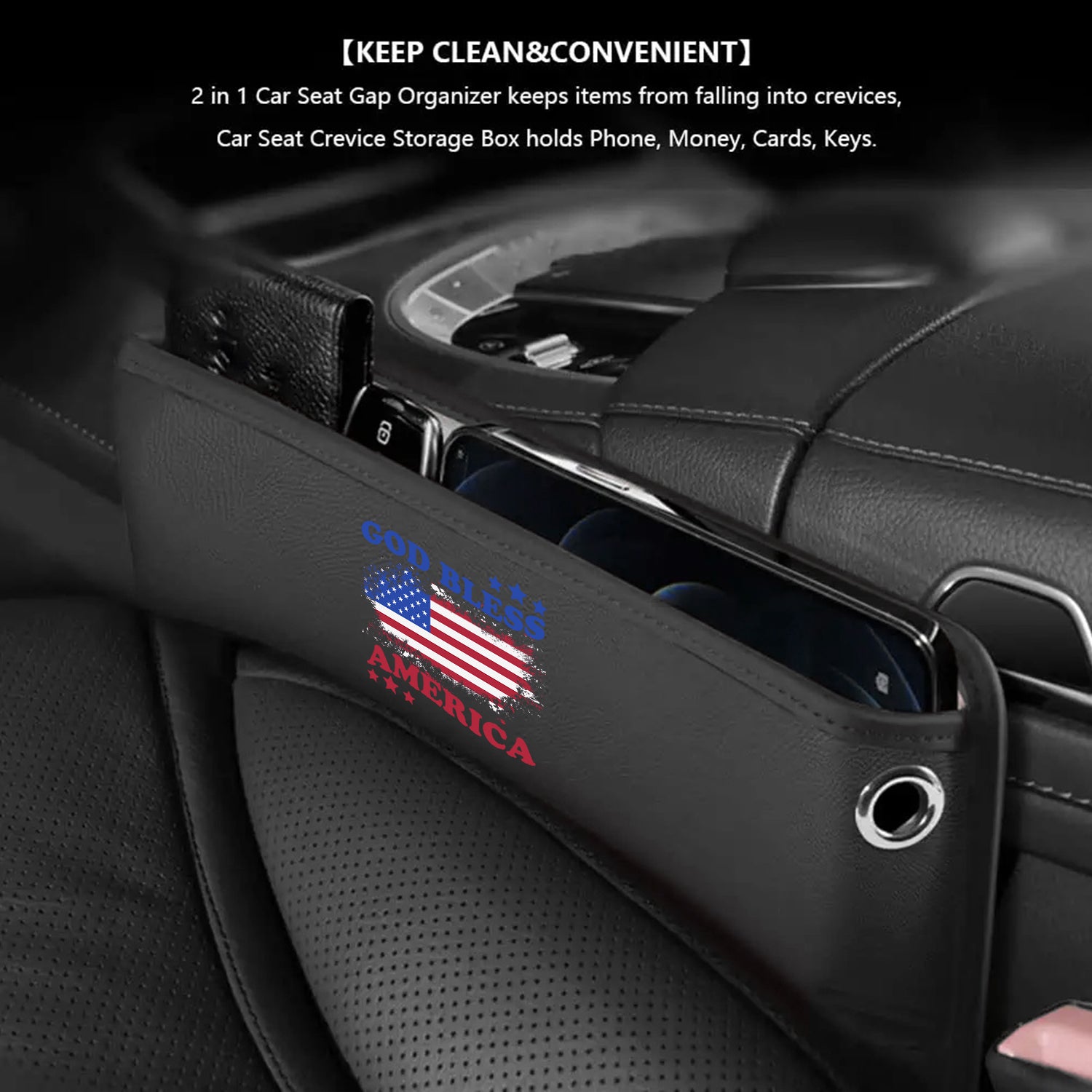 God Bless America Car Seat Gap Filler Organizer, Custom-Fit For Car, Multifunctional PU Leather Console Side Pocket Organizer for Cellphones, Cards, Wallets, Keys, 4th of July 09