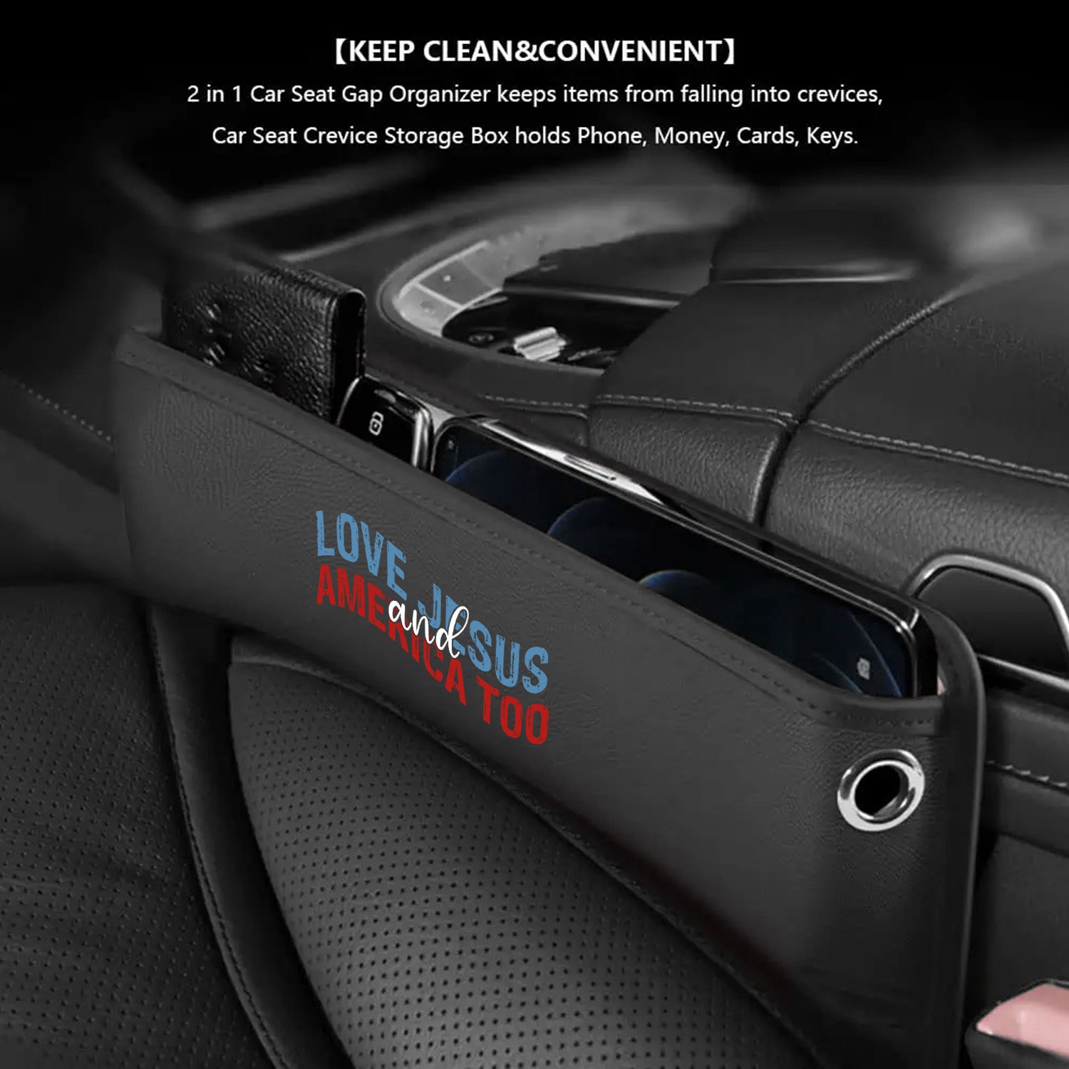 Love Jesus And America Too Car Seat Gap Filler Organizer, Custom-Fit For Car, Multifunctional PU Leather Console Side Pocket Organizer for Cellphones, Cards, Wallets, Keys, Retro 4th of July 05