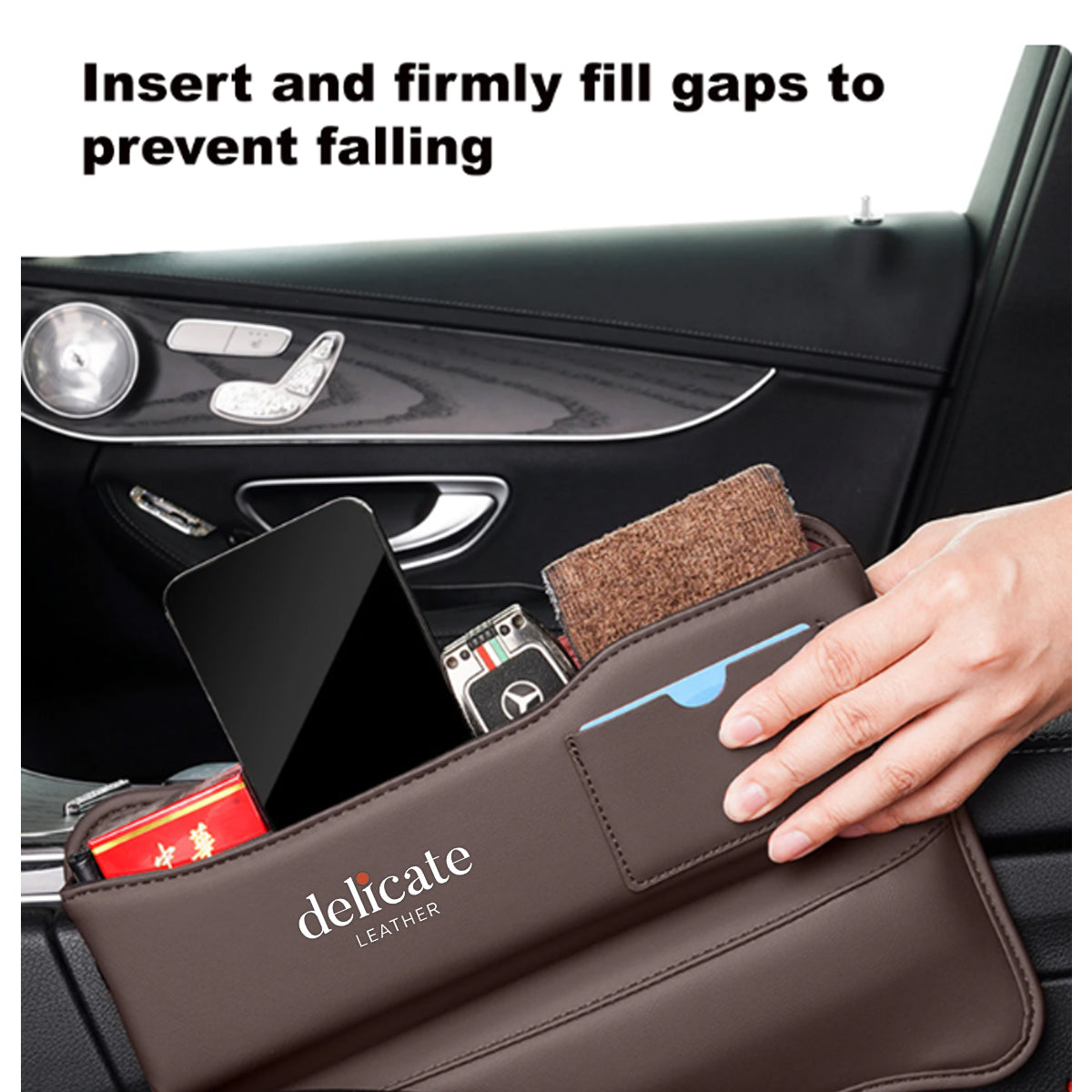 Car Seat Gap Filler Organizer, Custom For Your Cars, Multifunctional PU Leather Console Side Pocket Organizer for Cellphones, Cards, Wallets, Keys - Delicate Leather