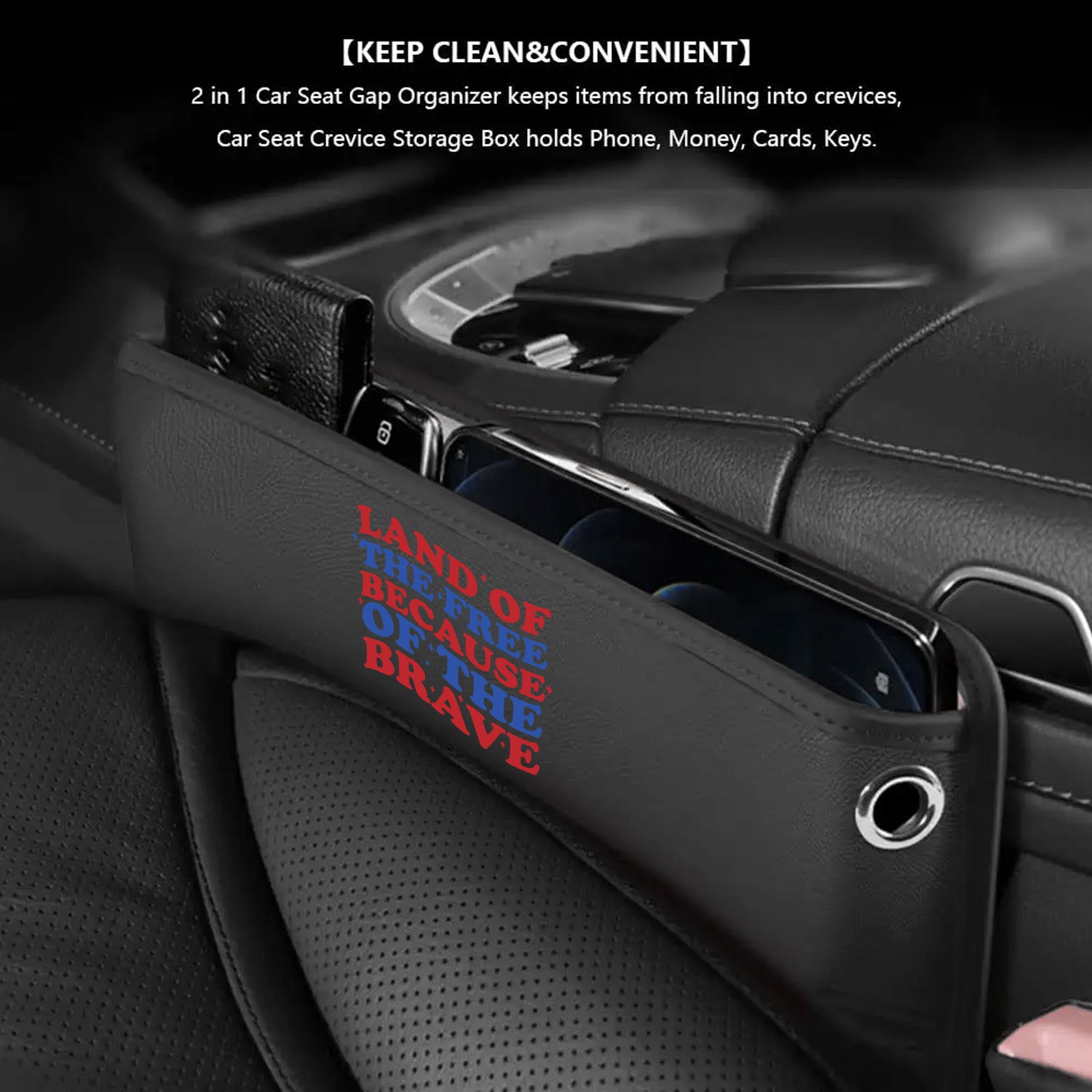 Land Of The Free, Because Of Brave Car Seat Gap Filler Organizer, Custom For All Cars, Multifunctional Pu Leather Console Side Pocket Organizer For Cellphones, Cards, Wallets, Keys, Retro 4th of July 02