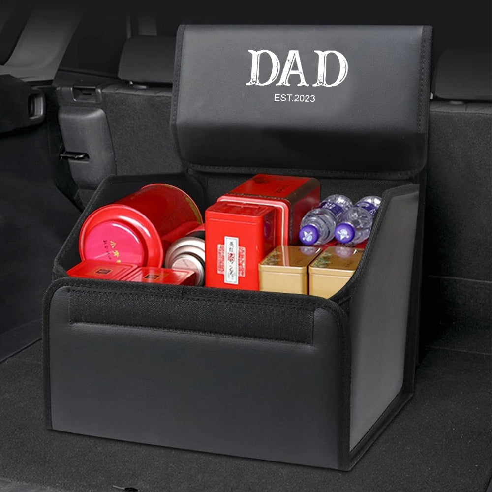 Personalized Foldable Trunk Storage Luggage Organizer Box, SUV Trunk Organizer Van Cargo Carrier Caddy for Shopping, Camping Picnic, Daddy Est Year Foldable Trunk Storage Luggage Organizer Box, Happy Father's Day  03