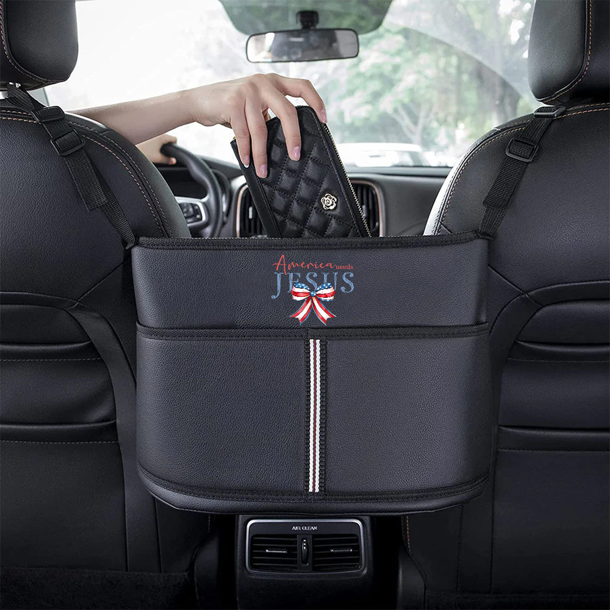 America Needs Jesus Car Purse Holder for Car Handbag Holder Between Seats Premium PU Leather, Custom Fir For Your Cars, Auto Driver Or Passenger Accessories Organizer, Hanging Car Purse Storage Pocket Back Seat Pet Barrier, Retro 4th of July 04