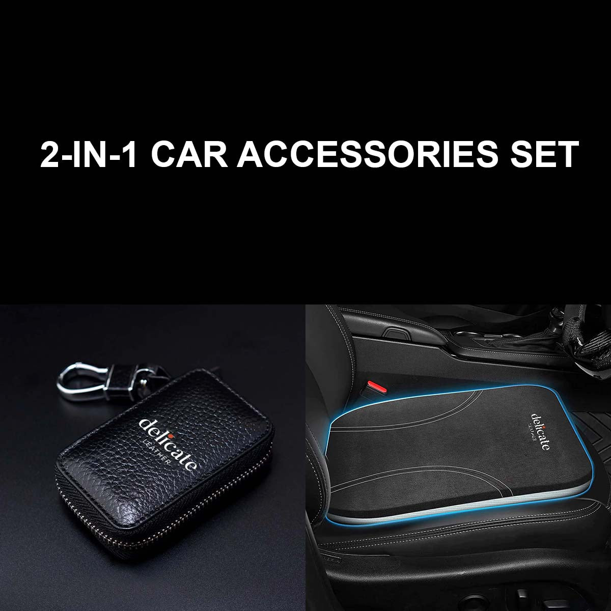 2-in-1 Car Accessories Set! This set includes a luxurious Car Seat Cushion, and a sleek Car Key Cover