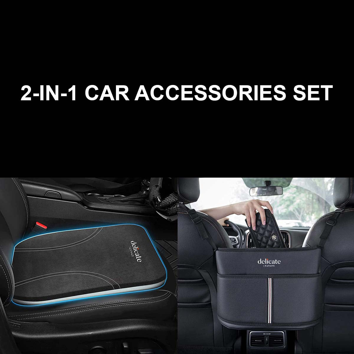 2-in-1 Car Accessories Set! This set includes a luxurious Car Seat Cushion, a Hanging Car Purse Storage