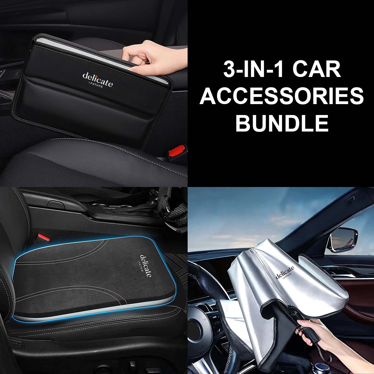 3-in-1 Car Accessories Bundle! This set includes a luxurious Car Seat Cushion, stylish Car Seat Gap Filler Organizer, and a Windshield Sun Shade Umbrella for Car