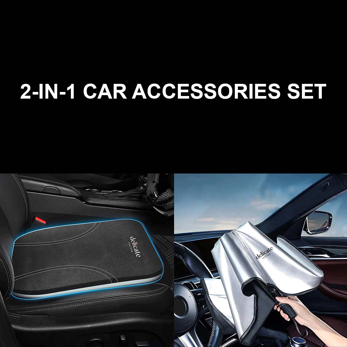 2-in-1 Car Accessories Set! This set includes a luxurious Car Seat Cushion, and a Windshield Sun Shade Umbrella for Car