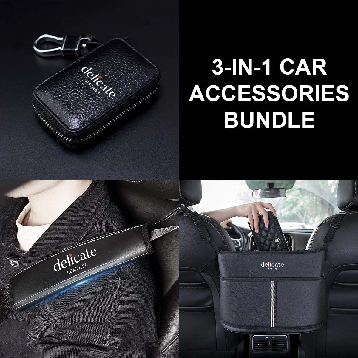 3-in-1 Car Accessories Bundle! This set includes a luxurious Hanging Car Purse Storage, stylish Car Seat Belt Covers, and a sleek Car Key Cover