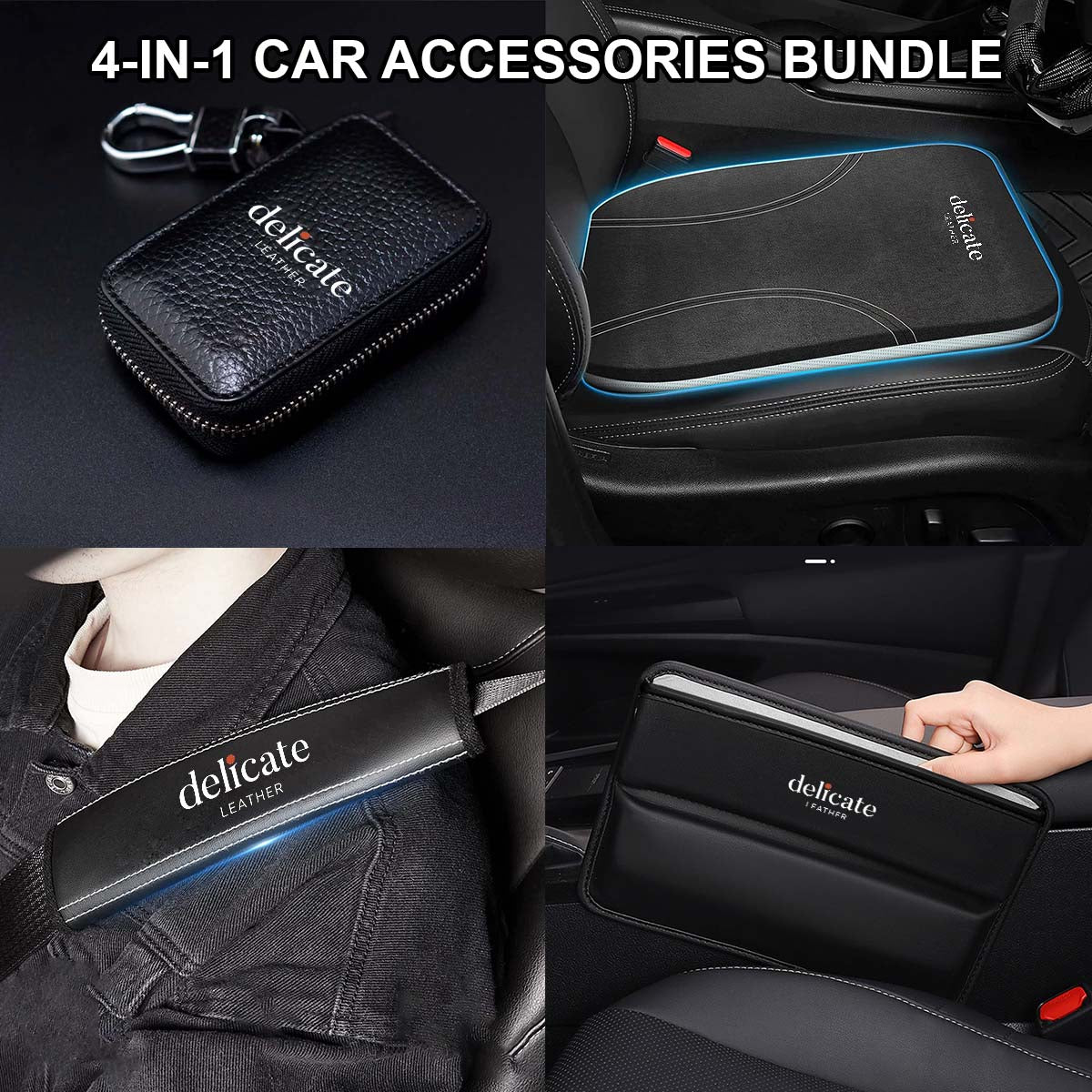 4-in-1 Car Accessories Bundle! This set includes a luxurious Car Seat Cushion, a handy Car Seat Gap Filler Organizer, stylish Car Seat Belt Covers, and a sleek Car Key Cover