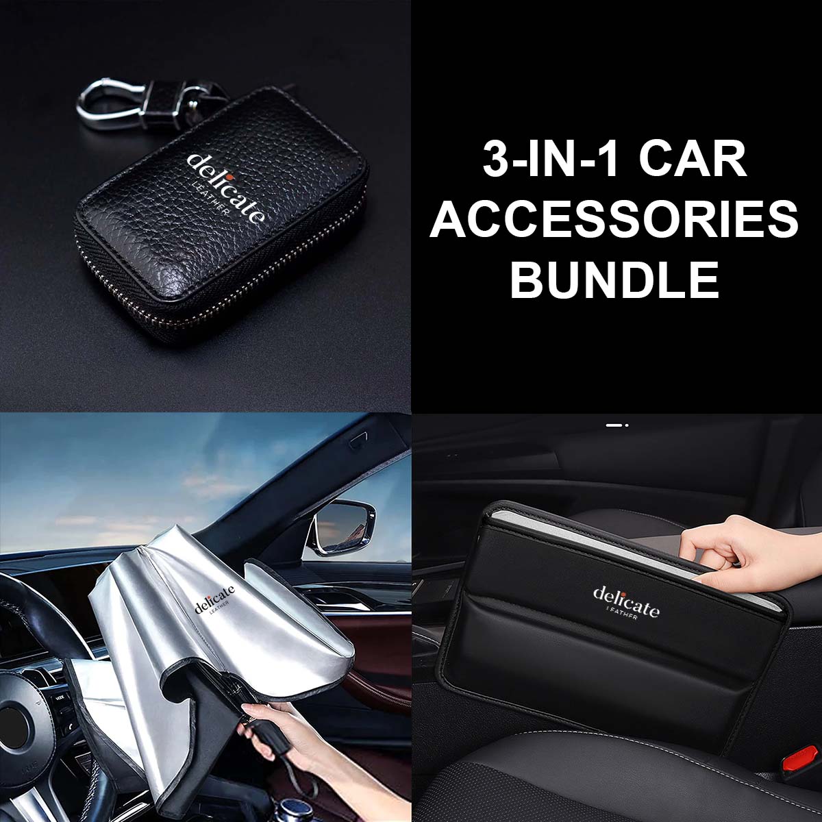 3-in-1 Car Accessories Bundle! This set includes a luxurious Car Seat Gap Filler Organizer,  a sleek Car Key Cover, and a Windshield Sun Shade Umbrella for Car