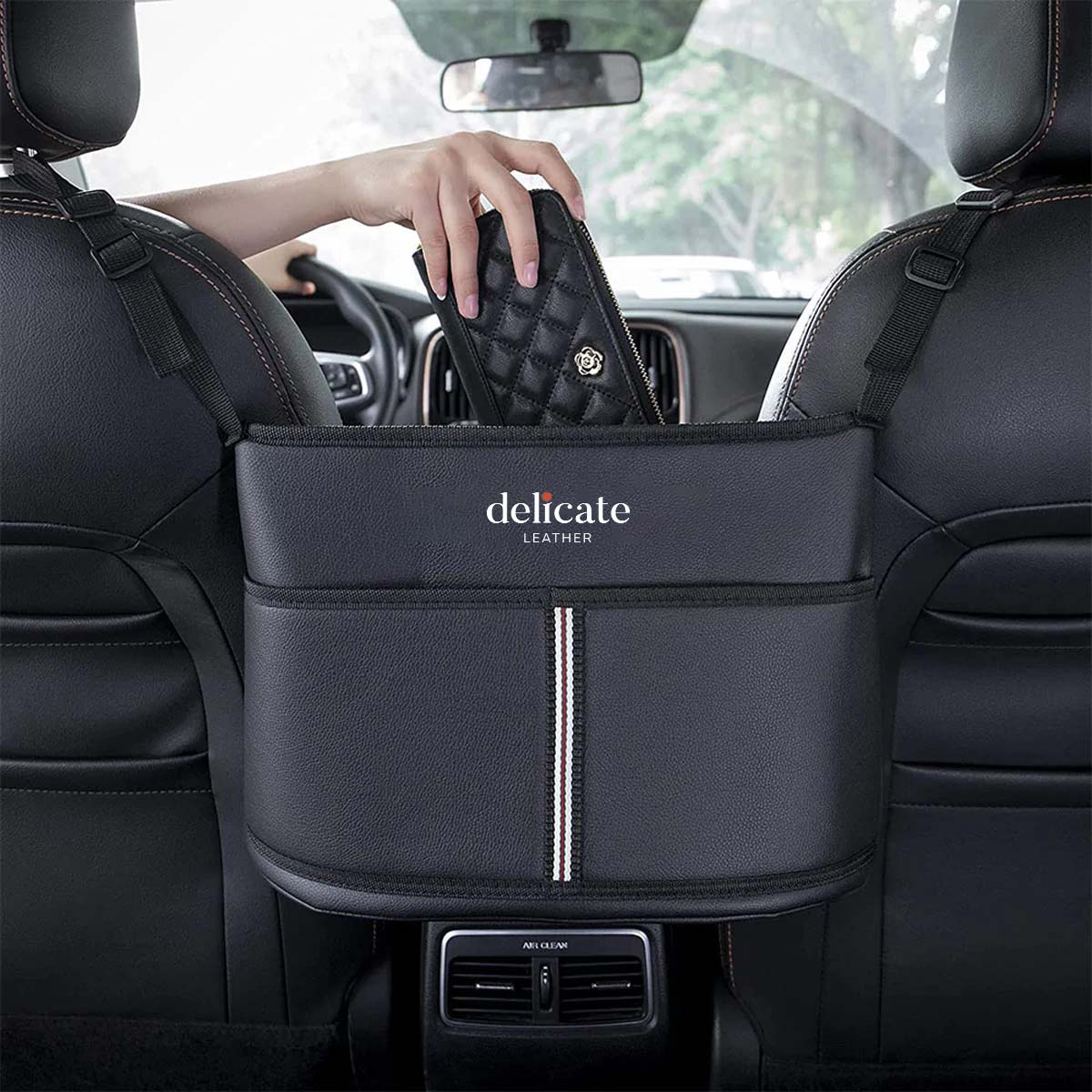 2-in-1 Car Accessories Set! This set includes a luxurious Hanging Car Purse Storage, and  a sleek Car Key Cover