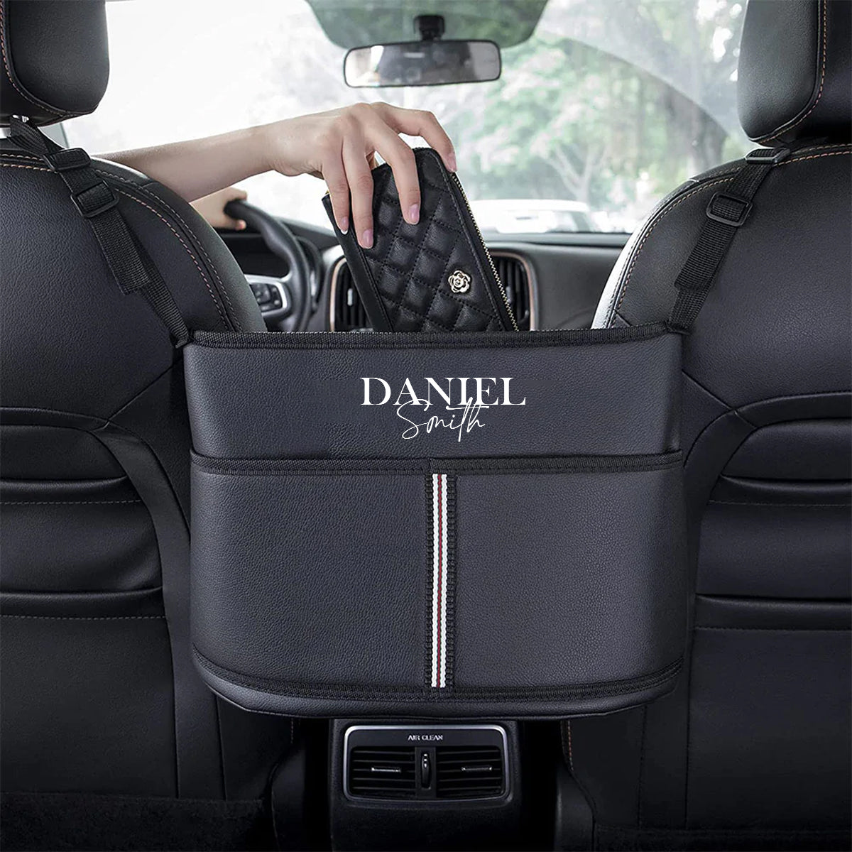 Personalized Name Sign Car Purse Holder for Car Handbag Holder Between Seats Premium PU Leather, Custom Fit For Your Cars, Gift For Mother's Day, Gift For Father's Day, Gift For Dad, Mom