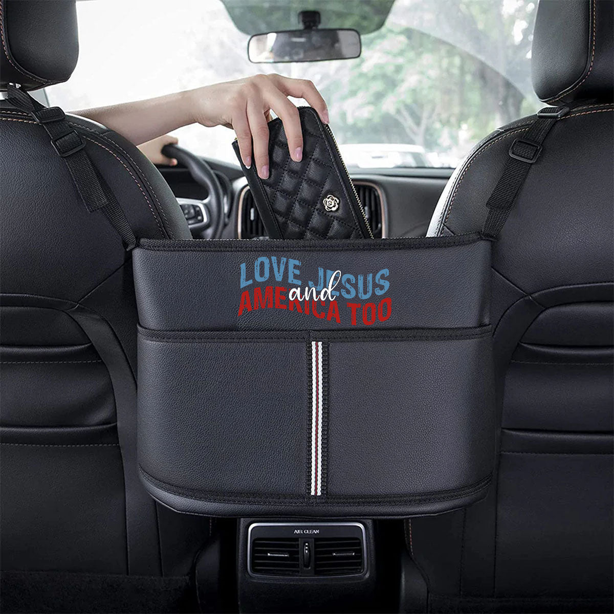 Love Jesus And America Too Car Purse Holder for Car Handbag Holder Between Seats Premium PU Leather, Custom Fit For Your Cars, Auto Driver Or Passenger Accessories Organizer, Hanging Car Purse Storage Pocket Back Seat Pet Barrier, Retro 4th of July 05