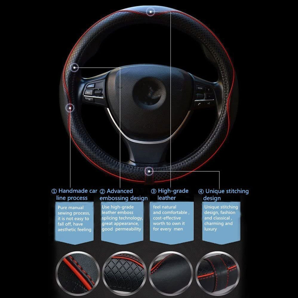 Car Steering Wheel Cover, Custom For Your Cars, Anti-Slip, Safety, Soft, Breathable, Heavy Duty, Thick, Full Surround, Sports Style, Car Accessories FJ18990