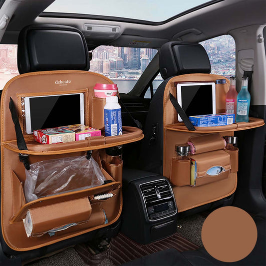 Backseat Organizer with Tablet Holder PU Leather, Custom Fit For Your Cars, Backseat Car Organizer with Foldable Table Tray, Car Accessories CA15987 - Delicate Leather
