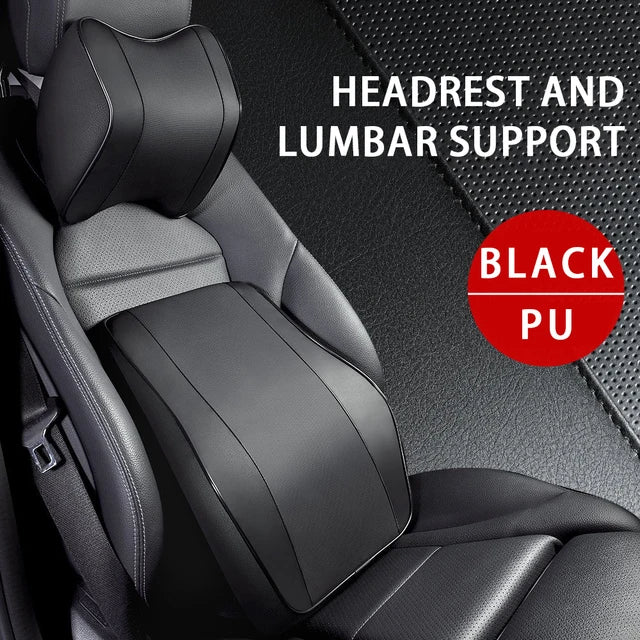PU Leather Headrest Pillow: Universal Car Neck Support Cushion Set with Breathable Memory Foam Lumbar Pillow and Guard - Delicate Leather
