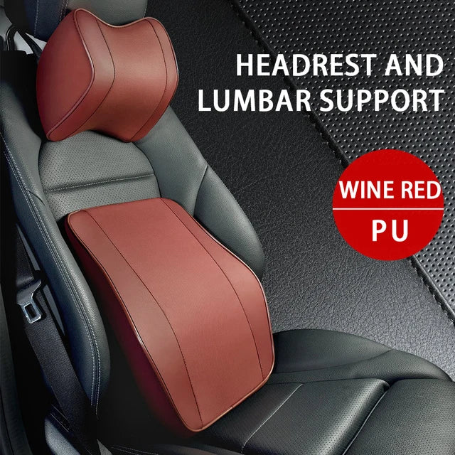 PU Leather Headrest Pillow: Universal Car Neck Support Cushion Set with Breathable Memory Foam Lumbar Pillow and Guard - Delicate Leather